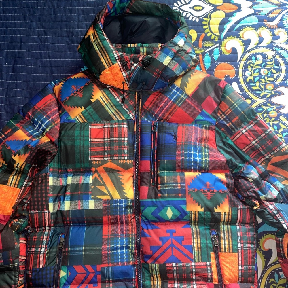 Polo Ralph Lauren patchwork design waterproof puffer jacket detachable hoddie